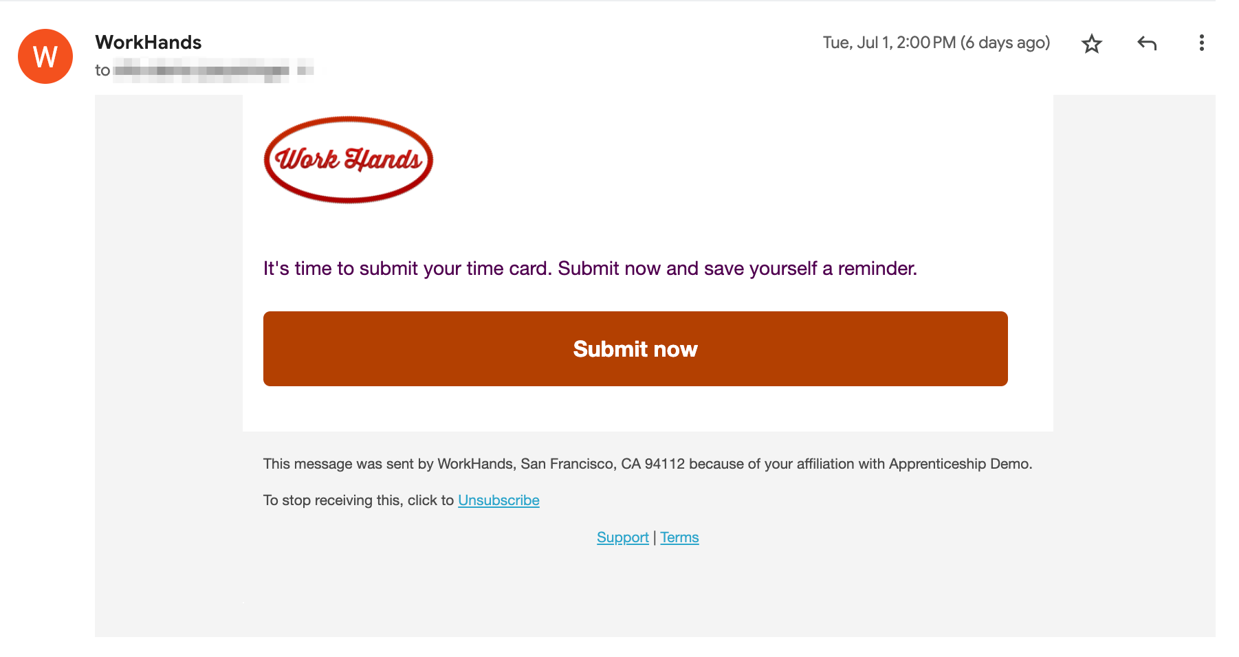 What does a notification to submit my time card look like? – WorkHands